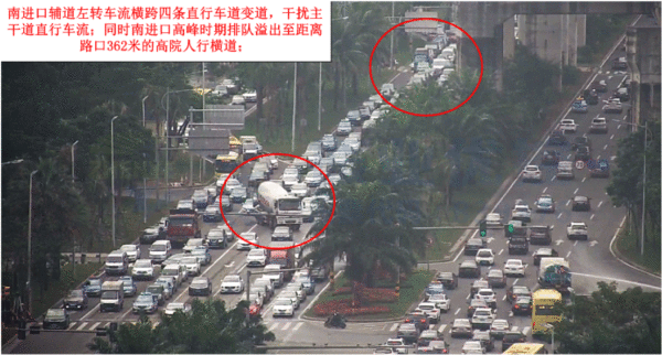 圖4 龍昆南路-城西路交叉口南進(jìn)口輔道橫跨四個車道進(jìn)行左轉(zhuǎn)以及排隊長度(優(yōu)化前）