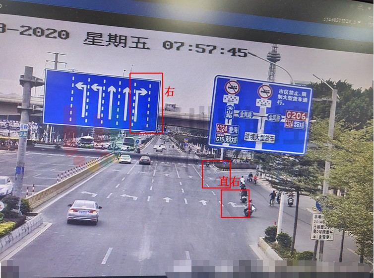 圖6 北進(jìn)口車(chē)道指示牌與地面車(chē)道標(biāo)線(xiàn)不一致